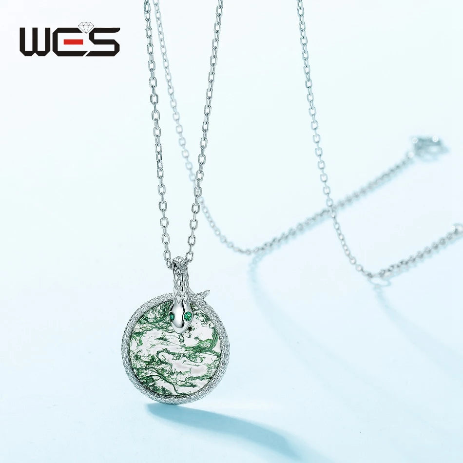 WES 100% 925 Argent, collier pour femme en agate mousse