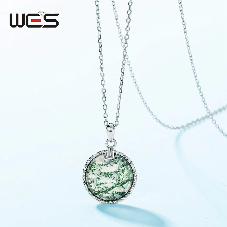 WES 100% 925 Argent, collier pour femme en agate mousse